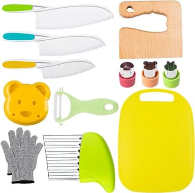 Leking 13 Pcs Wooden Kids Kitchen Knife, Kids Knife Set with Gloves Cutting Board Bear Sandwich Cutter Fruit Vegetable Cutters Serrated Edges Plastic Knifes for Real Cooking Kid Safe Knives - Image 1