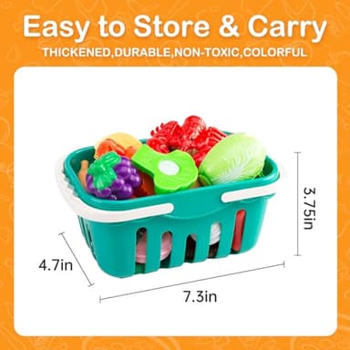 150Pcs Kitchen Playset, Toddlers Pretend Cooking Cookware Accessories, Food, Picnic Blanket, Fruits, Veges, 2Pack Shopping Storage Basket, Dessert and Prop Money, Gift for Kids (Pink) - Image 9