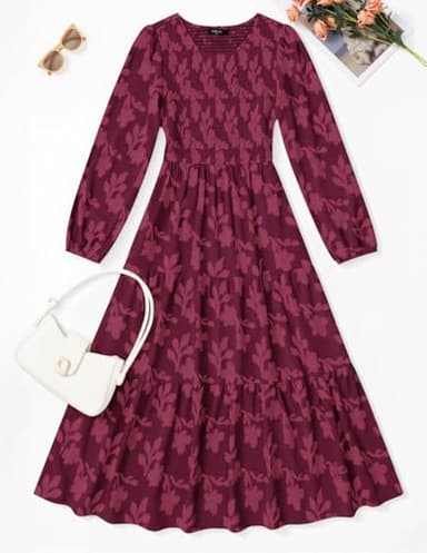 ZESICA Women's Fall Boho Floral Midi Dress 2025 Casual Long Sleeve Crewneck Flowy Wedding Guest Long Dresses,Wine,Medium - Image 7