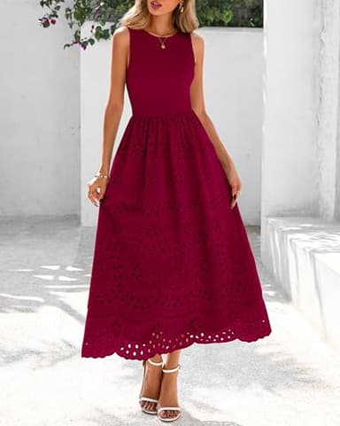 dowerme Women Summer Dresses 2025 Casual Sleeveless Crewneck A-Line Boho Lace Eyelet Cotton Tank Maxi Dress with Pockets(Wine Red,Small) - Image 7