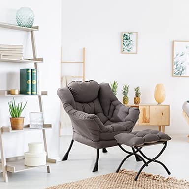LITA Lazy Chair with Ottoman, Modern Accent Leisure Upholstered Lazy Sofa Armchair, Contemporary Lounge Reading Chair with Armrests and a Side Pocket for Living Room, Bedroom & Small Space, Dark Grey - Image 9
