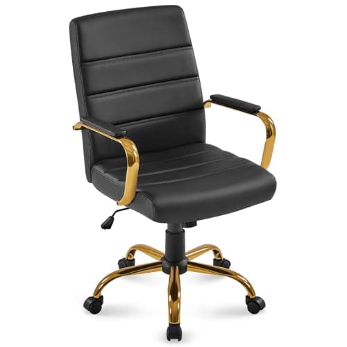 Yaheetech Mid-Back Office Chair PU Leather Desk Chair Adjustable Executive Task Chair w/Lumber Support Gold Leg Black Seat - Image 1