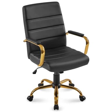Yaheetech Mid-Back Office Chair PU Leather Desk Chair Adjustable Executive Task Chair w/Lumber Support Gold Leg Black Seat - Image 1