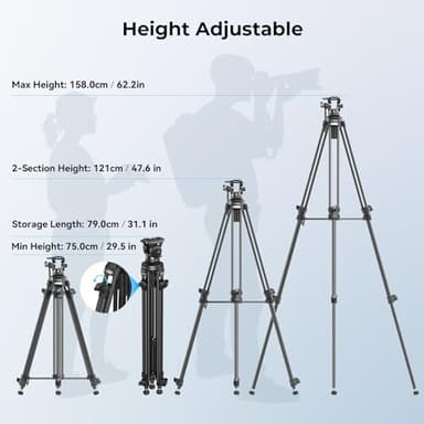 SmallRig AD-50 Lite Video Tripod, Heavy Duty Tripod with 360°Fluid Head, 62" Aluminum Alloy Travel Tripods with QR Plate, Lift Rope, Load up to 11lb for DSLR, Camcorder, Camera - Image 5