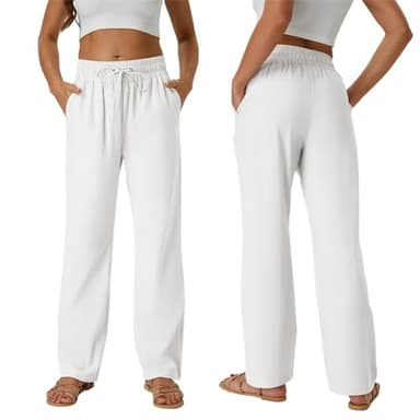 SEMARO Womens Casual Linen High Waist Pants Drawstring Loose Fit Summer Pants Trousers with Side Pockets White - Image 5