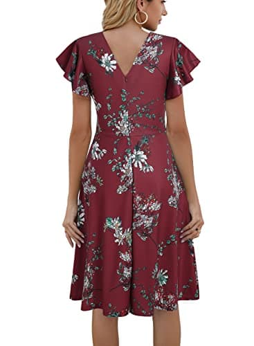 HELYO Women's Semi-Formal Ruffle Sleeves V-Back Work Fit and Flare Cocktail Wedding Guest Dress with Pockets 842 XL Burgundy Floral - Image 2