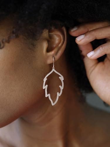 SWEETV Silver Cubic Zirconia Dangle Earrings for Women, Hook Infinity Leaf Hoop Earrings Rhinestone Drop Dangle Hoop Earrings for Wedding Bridal Prom Valentines Gifts - Image 2