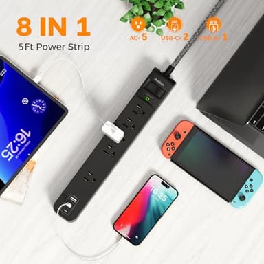 2 Pack Surge Protector Power Strip - USB C Power Strip, Flat Extension Cord with 5 Widely 3 USB (2 USB-C) Ports, Desktop Charging Station for Home Office College Dorm Room Essentials - Image 2
