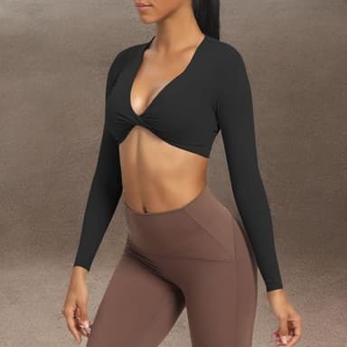 Aoxjox Long Sleeve Crop Tops for Women Sienna Twist Deep V Workout Cropped T Shirt Top (Black, Medium) - Image 7