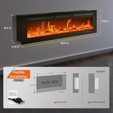 EUHOMY 50 Inch Electric Fireplace Wall Recessed and Wall Mounted with Adjustable Flame Color, Fireplace Heater with Remote Control, Linear Fireplace with Timer, Touch Screen, Log & Crystal, 750/1500W - Image 5