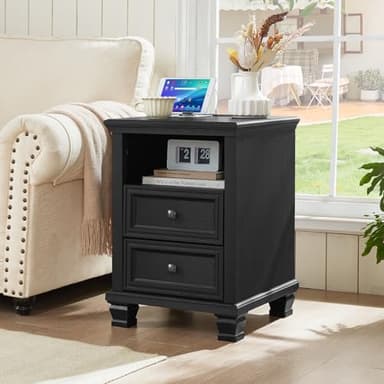 SAVOR LIFE Farmhouse Nightstand Set of 2 with Charging Station, Rustic Black Nightstand,2 Drawers End Table for Living Room,Bedside Table with Open Shelf for Bed Room,Black - Image 6