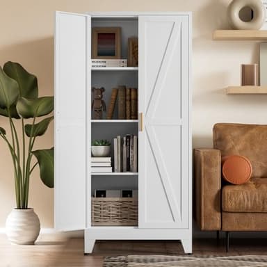 COFaR White Farmhouse Storage Kitchen Pantry Cabinet with 2 Barn Door, 3 Adjustable Shelves and Legs, for Cupboard/Dining Room/Bathroom/Living Room/Office/Laundry Room (White, 61" Farmhouse) - Image 1