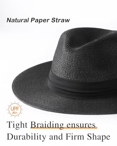 FURTALK Sun Hats for Women Men Panama Hat Wide Brim Fedora Straw Beach Hat UV UPF 80+ Beach Vacation Essentials Black - Image 2