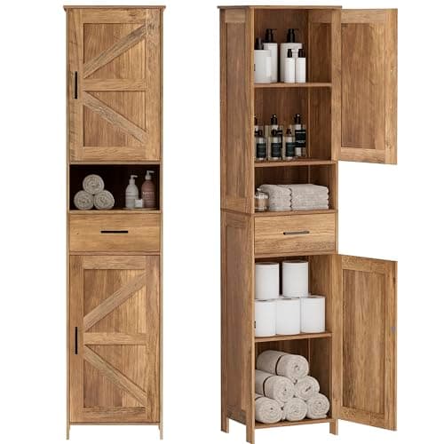 Homhedy 67" H Tall Bathroom Storage Cabinet with 2 Barn Doors and 1 Drawer, Narrow Storage Unit, Adjustable Shelves, Floor Cabinet for Bathroom, Living Room, Entryway, Kitchen, Rustic Walnut, (15.7"W)