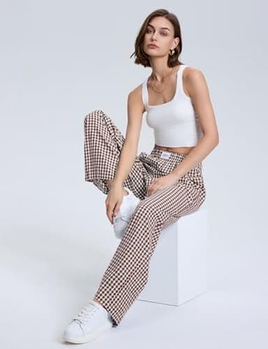 LOMON Women's Gingham Plaid Wide Leg Pants Cotton Boxers Pajama Lounge Pj Casual Trousers Y2K Flowy Bottoms with Pockets (Coffee White Plaid, L) - Image 5