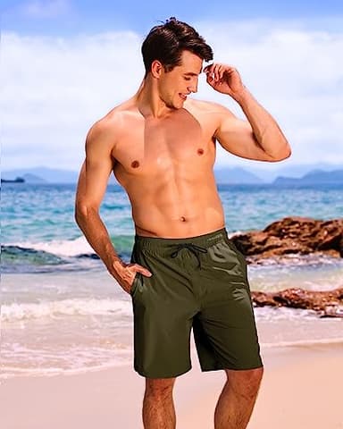 difficort Mens Swim Trunks Quick Dry Bathing Suit 9 inch Inseam Board Shorts with Compression Liner and Zipper Pocket,Army Green,Large - Image 3