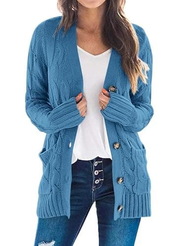 PRETTYGARDEN Women's Open Front Cardigan Sweaters Fall Fashion Button Down Cable Knit Chunky Winter Clothing Outerwear Coats (Blue,X-Large) - Image 1