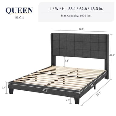 Allewie Queen Size Platform Bed Frame with Wingback, Fabric Upholstered Square Stitched Headboard and Wooden Slats, Mattress Foundation, Box Spring Optional, Easy Assembly, Dark Grey - Image 2