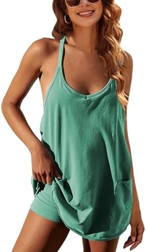 Lentta Womens Athletic Sleeveless Mini Dress with Built-in Shorts V Neck Spaghetti Strap Sundress(Green-M) - Image 3