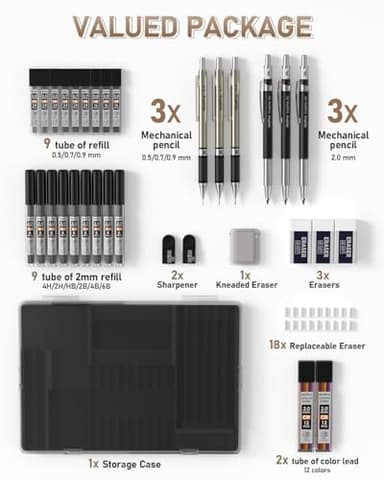 Nicpro 35PCS Art Mechanical Pencil Set, 3 PCS Metal Drafting Pencil 0.5 mm & 0.7 mm & 0.9 mm & 3 PCS 2mm Lead Holder (6B 4B 2B HB 2H 4H Colors) For Sketching Drawing With 20 Tube Lead Refills Case - Image 6