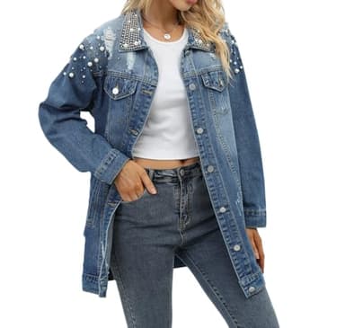 YPCT Women's Pearl Beaded Long Plus Size Distressed Ripped Denim Button Down Trench Coat and Diamonds Bling Oversize Boyfriend Casual Jean Jacket with Pockets X-Large 9329 Blue XL - Image 3