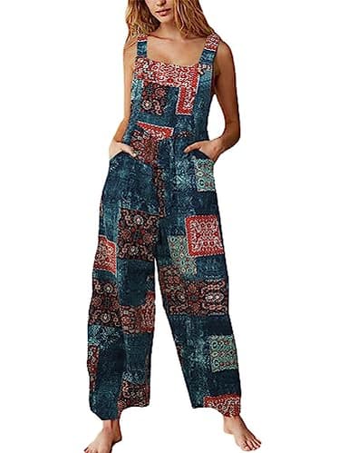 Himosyber Women's Patchwork Dual Pocket Jumpsuit Loose Floral Print Bohemian Wide Leg Bib Overall (#1TealBlue, XL) - Image 1