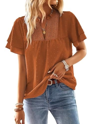 Falechay Plus Size Tops for Women Dressy Casual Short Sleeves Western Womens Blouses V Neck Ruffle Sleeve Summer Shirts Business Cute Swiss Dot Boho Top Bohemian Flowy Shirt Caramel 4XL - Image 1