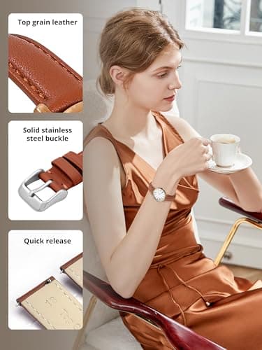 EACHE 12mm Leather Watch Bands for Women Ladies Quick Release Brown Leather Watch Band Replacement Strap with Silver Buckle - Image 3