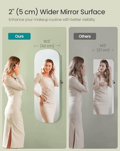 SONGMICS Jewelry Organizer, LED Jewelry Cabinet Wall/Door Mounted, Lockable Rounded Wide Mirror with Storage, Interior Mirror, 3.9 x 16.5 x 42.5 Inches, Laurel Green Surface with Cream White Lining - Image 4