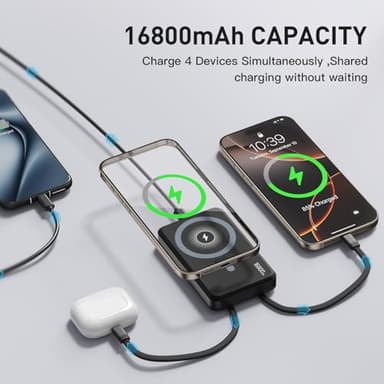 2025 Latest Magnetic Wireless Power Bank, 16800mAh Portable Charger with 2 Built in Cables, LED Display Magnetic Battery Pack Travel Essentials for iPhone 16/15/14/13/12/Pro/Mini/Pro Max Andriod - Image 2