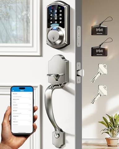 Veise VE07-H Fingerprint Smart Locks for Front Door with Handle Set, App Control, Keyless Entry Keypad Deadbolt, Digital Electronic Touchscreen, Easy Install, Auto Lock, Satin Nickel - Image 1
