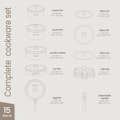 Bakken 15-Piece Non-Stick Cookware Set with Detachable Handles – Granite Stackable Pots and Pans Set, Dishwasher Safe, Oven-Safe, and Compatible Kitchen Essential for All Stoves – Cream - Image 2