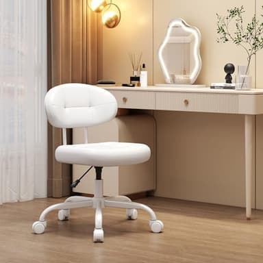 Misolant Vanity Chair with Back, Small Armless Cute office Chair with wheels and Lumbar support, Comfy PU Leather Desk Computer Chairs with Adjustable Height, 360°Swivel for Home Bedroom Office, White - Image 4