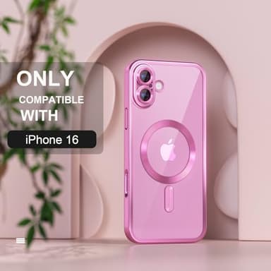 Misea Magnetic for iPhone 16 Case Compatible with MagSafe [Never Yellowing] [Military Grade Drop Protection] Full Camera Lens Protector Plating Soft Clear Phone Case for Women 6.1 inch, Hot Pink - Image 2