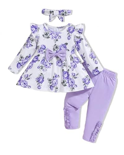 2T Girl Clothes 3T Toddler Girl Clothes Baby Girl Outfits Fall Cute Ruffle Shirt Top Floral Pants Set Infant Winter Clothes for Little Girls Purple - Image 1