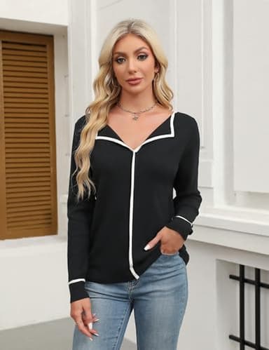 BMJL Women's V Neck Sweater Fall Dressy Casual Tops Long Sleeve Pullover Knit Collared Business Work Shirts(S,Black) - Image 2