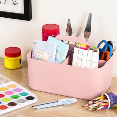 Multiuse Caddy Organizer with Handle - Stackable Plastic Tote Bin - Art Craft Supplies, Office, Desk, Stationery Pen Holder, Kitchen, Utensil, Makeup, Bathroom, Shower, Cleaning, Dorm Organizer - Pink - Image 4