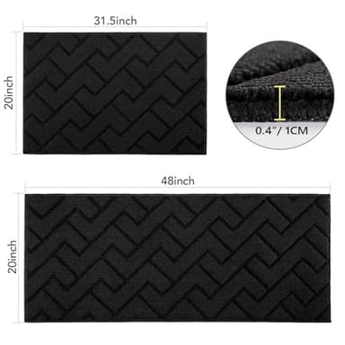 hicorfe Kitchen Rugs and Mats Sets,2 Pieces Super Absorbent Polypropylene Non-Slip Rug,Soft Comfort Floor Mat,Washable for Kitchen,Hallway,Office,Sink,Laundry(20" x 31.5" Plus 20" x 48",Black) - Image 2