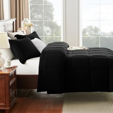 CozyLux Queen Comforter Set Black - 3 Pieces Box Stitched Comforters Queen Size, Soft Bed Set for All Seasons, Lightweight Bedding Sets with 1 Down Alternative Comforter and 2 Pillow Shams - Image 8