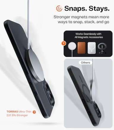 TORRAS Magnetic Slim Fit for iPhone 17 Case, Ultra-Thin Compatible with MagSafe, Stronger Magnetic + Thinner, Lightweight Matte Anti-Scratch Hard PC Cover Phone Case for iPhone 17, Black - Image 4