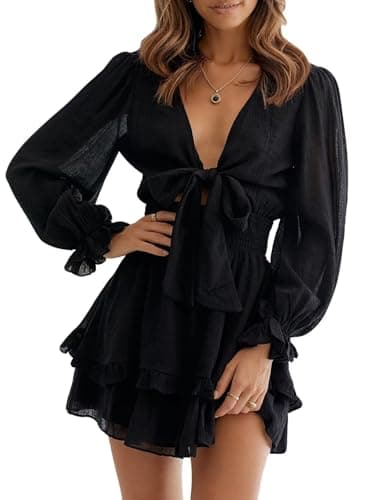 Dokotoo Dresses for Women 2025 Casual Spring Fall Sexy V Neck Ruffle Elegant Long Sleeve Empire Waist Tie Knot Chiffon Beach Tunic Swing A Line Flowy Mini Short Skater Dresses Black L - Image 1
