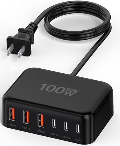 USB C Charger Block, 100W GaN 6 Port PD USB C QC USB A Wall Charger Adapter Plug Cube, Super Fast Type C Charging Station Hub for iPhone 17 16 15 14 13 Pro Max iPad Samsung Pixel 5ft Extension Cord - Image 1