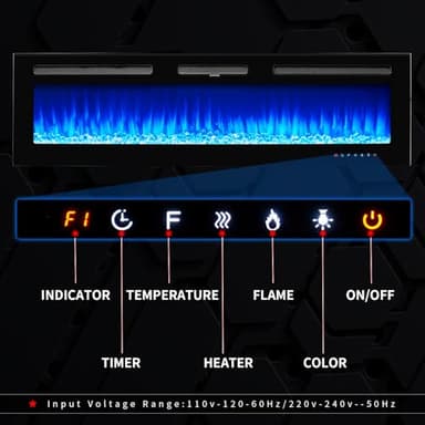 oneinmil Electric Fireplace, 50 inch Wide Recessed/Wall Mounted Electric Fireplace, Remote Control with Timer 12 Adjustable Color Flame, Remote Control,with Crystal Stone, 750/1500W - Image 6