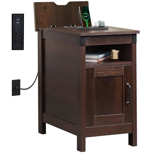 WLIVE End Table with Charging Station, Narrow Side Table for Living Room, Farmhouse Night Stand with Storage, Small Wooden Cabinet with USB Ports and Outlets for Living Room and Bedroom, Espresso - Image 1