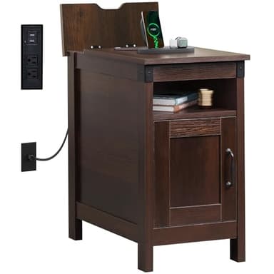 WLIVE End Table with Charging Station, Narrow Side Table for Living Room, Farmhouse Night Stand with Storage, Small Wooden Cabinet with USB Ports and Outlets for Living Room and Bedroom, Espresso - Image 1