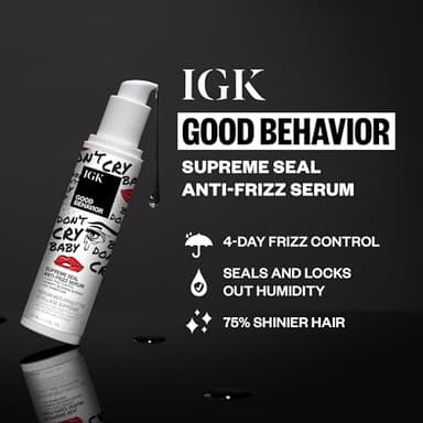 IGK Good Behavior Anti-Frizz Smoothing Serum – Boosts Shine, Seals Out Humidity, UV & Heat Protection, For Dry Frizz-Prone Hair, 1.3 oz - Image 2