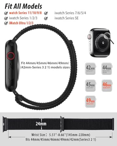 Nylon Loop Sport Band Compatible with Apple Watch Bands 44mm 45mm 46mm 49mm 42mm for Women Men, iWatch Wrist Straps for Ultra 3 2, Se, Series 11 10 9 8 7, Breathable, Soft Band Ideal for Outdoor - Image 2