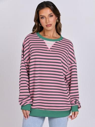 ANRABESS Women Striped Sweatshirts Oversized Crewneck Long Sleeve Shirts Y2K Pullover Top 2025 Fall Outfits Fashion Clothes Grey Pink X-Large - Image 7