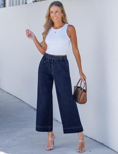 luvamia High Elastic Waisted Wide Leg Jeans for Women Crop Pants for Women Pull On Denim Pants Darkness Blue XX-Large Fits Size 20 / Size 22 - Image 3