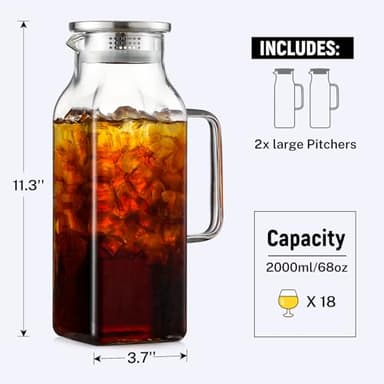Netany 2 Pack 2 Liters/68 oz Square Glass Pitcher with Lid and Handle for Fridge, Iced Tea and Coffee Carafe Beverage Serveware, Heat Resistant Borosilicate Water Jug for Hot/Cold Drinks and Milk - Image 3